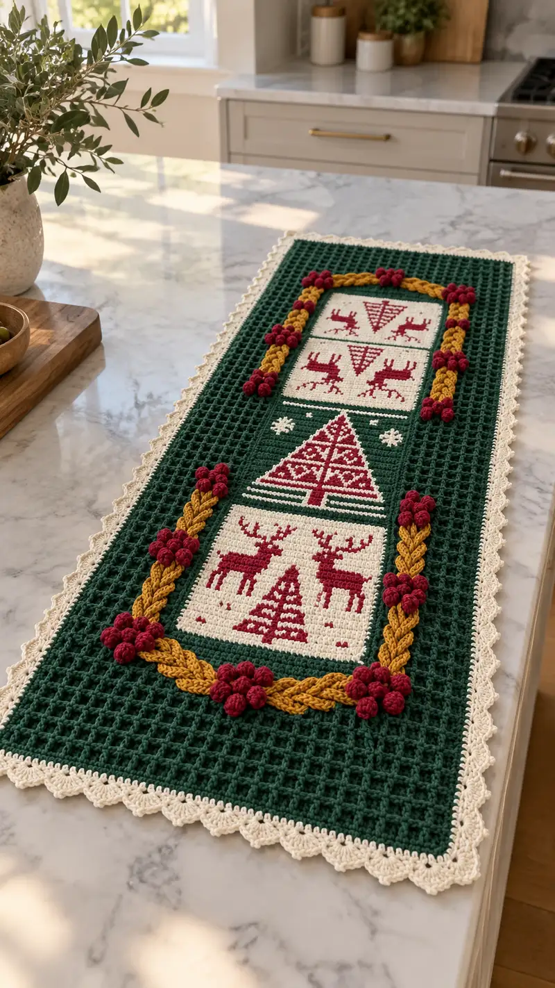 Nordic Holiday Table Runner Pattern crochet pattern - detailed view of completed project