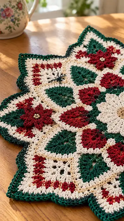 Poinsettia Star Table Runner Pattern step 2 - assembly progress
