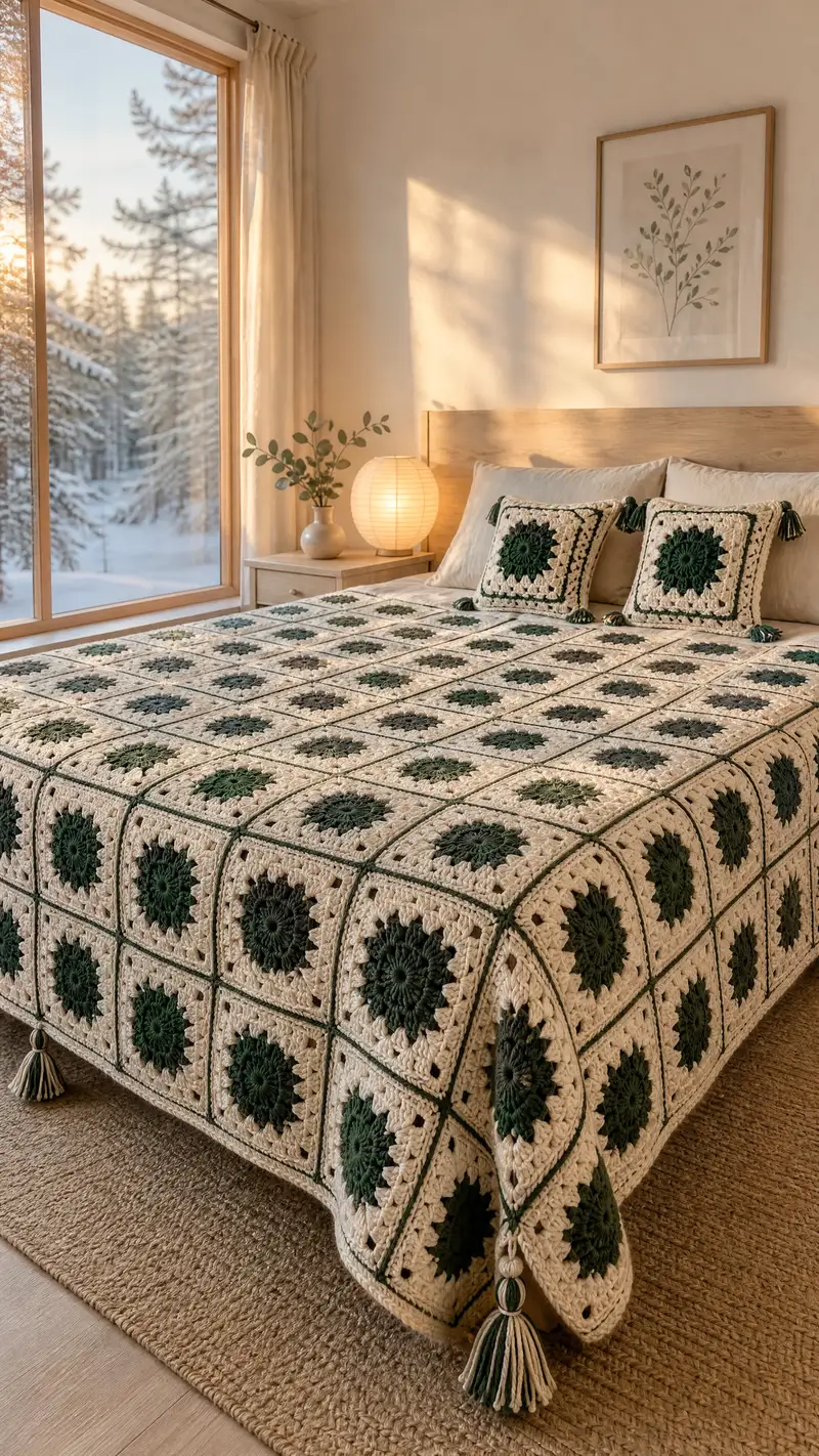 Forest Sunburst Granny Square Bedspread Pattern crochet pattern - detailed view of completed project