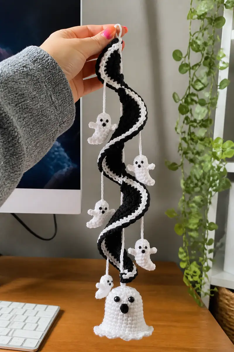 Spooky Phantom Spiral Garland Pattern crochet pattern - detailed view of completed project