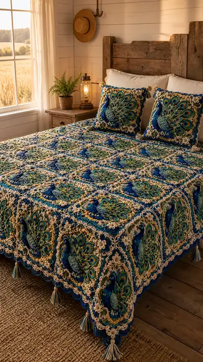 Peacock Jewel Granny Square Bedspread Pattern step 1 - construction progress
