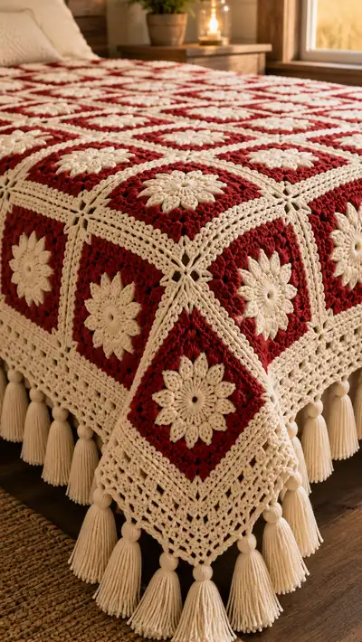 Crimson Sunburst Granny Bedspread Pattern step 2 - assembly progress