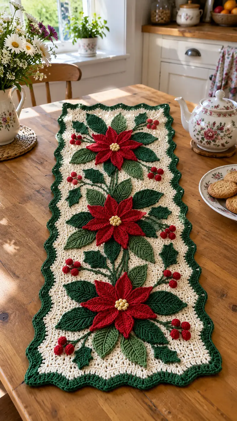 Poinsettia Table Runner Pattern crochet pattern - detailed view of completed project