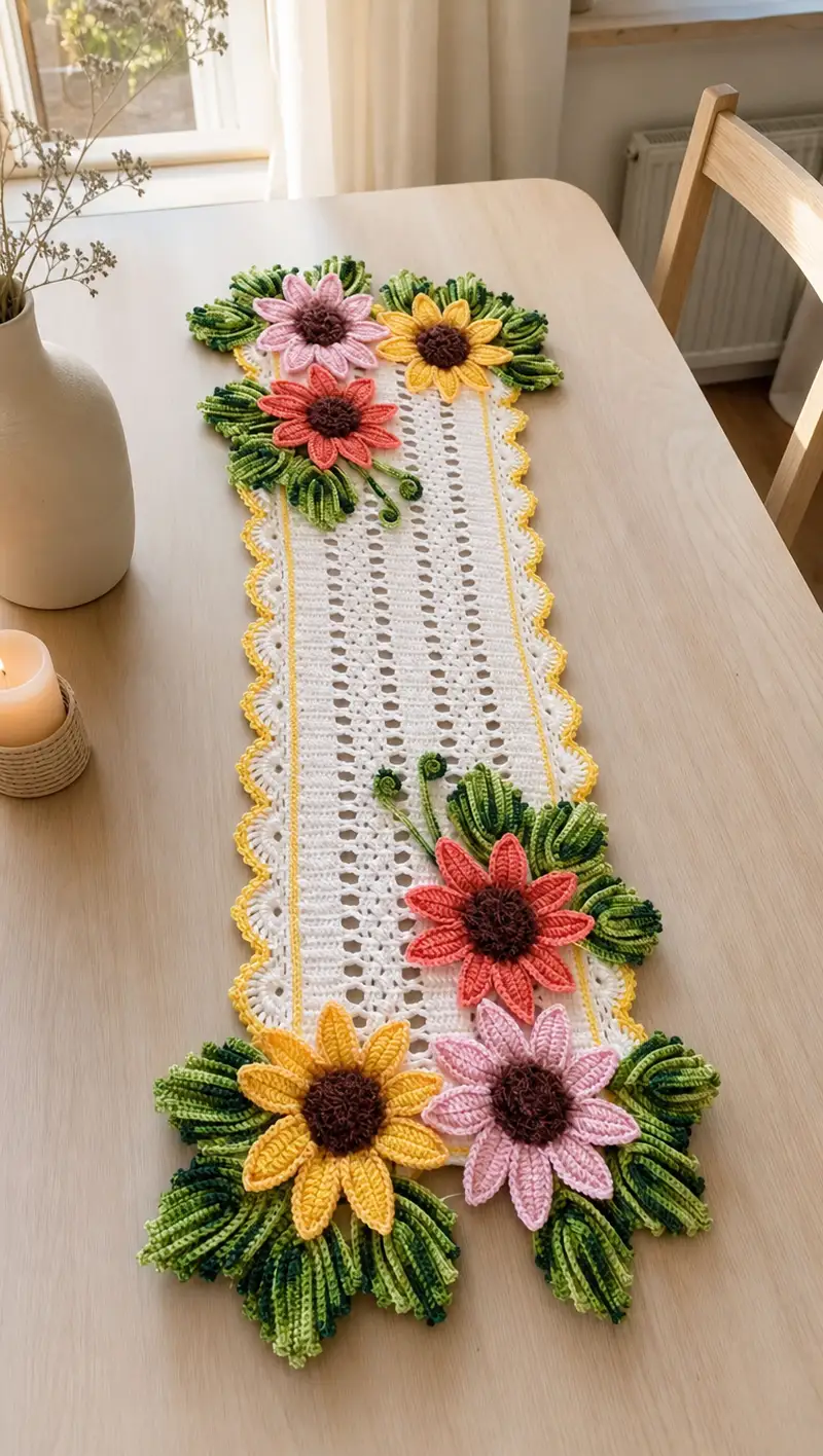 Sunflower Garden Table Runner Pattern crochet pattern - detailed view of completed project