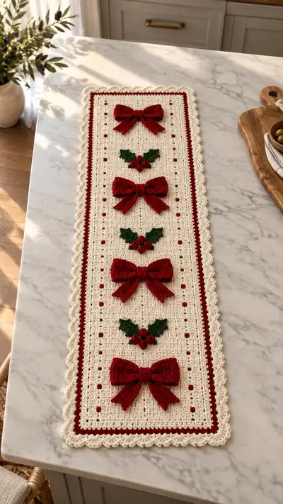 Festive Bows & Holly Crochet Table Runner Pattern step 1 - construction progress