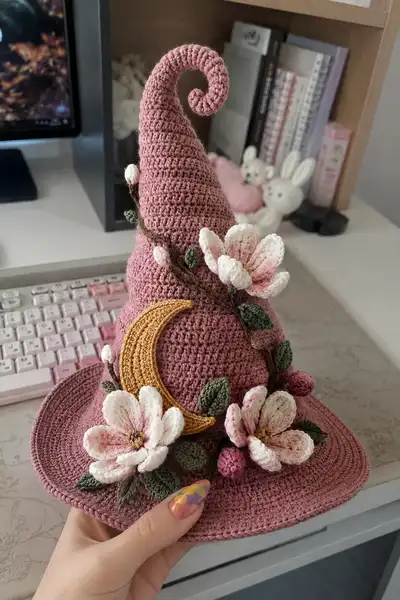 Big Tall Dusty Rose Spiral Witch Hat with Magnolias and Gold Moon Pattern step 1 - construction progress