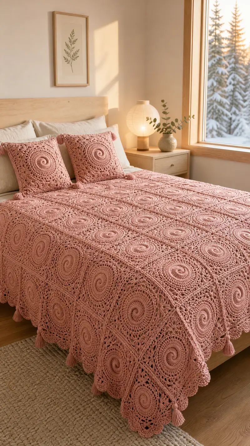 Dusty Rose Spiral Granny Bedspread Pattern crochet pattern - detailed view of completed project