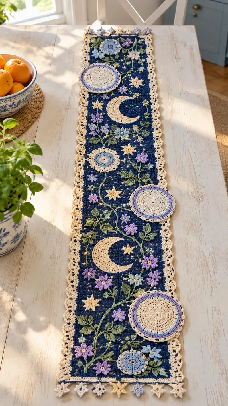 Moonlit Garden Table Runner Pattern crochet pattern - detailed view of completed project