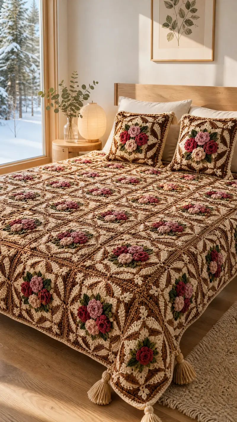 Rose Medallion Granny Square Bedspread Pattern crochet pattern - detailed view of completed project