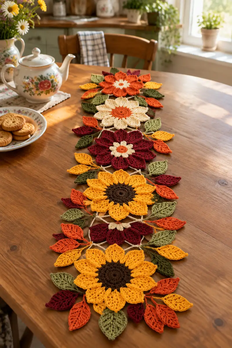 Sunflower and Fall Blossom Table Runner Pattern crochet pattern - detailed view of completed project