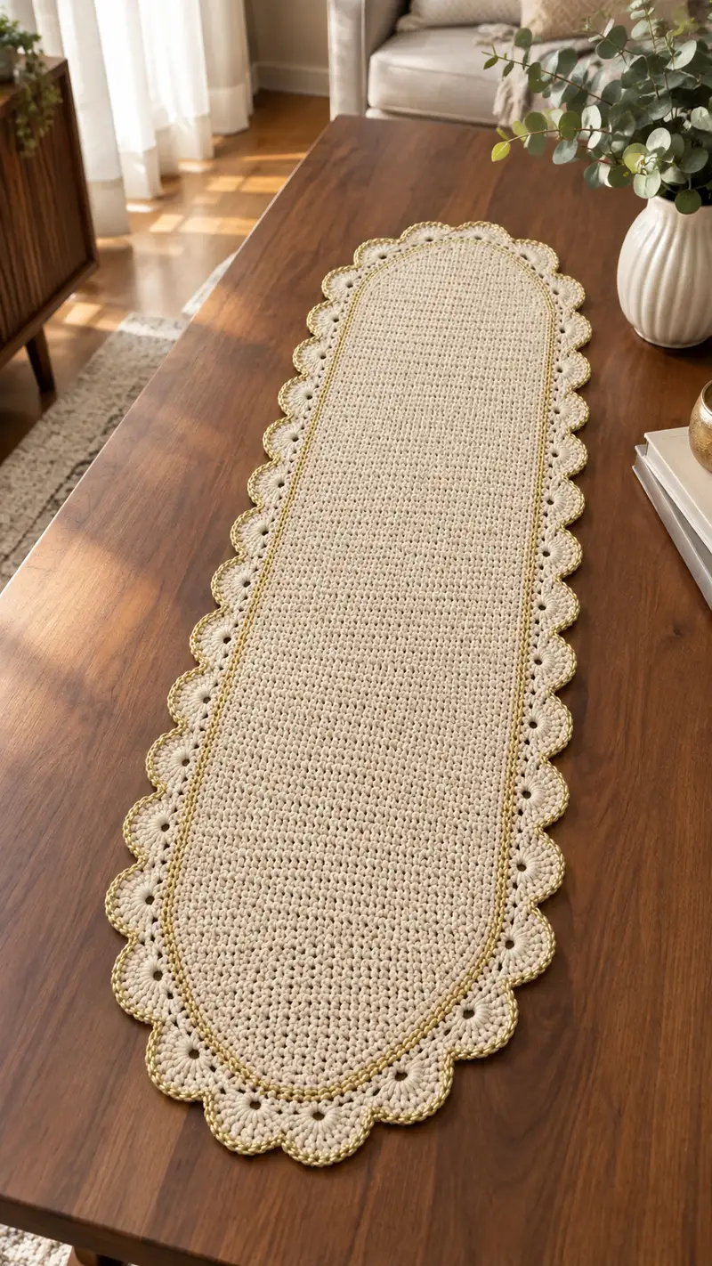 Elegant Scalloped Oval Table Runner Pattern crochet pattern - detailed view of completed project