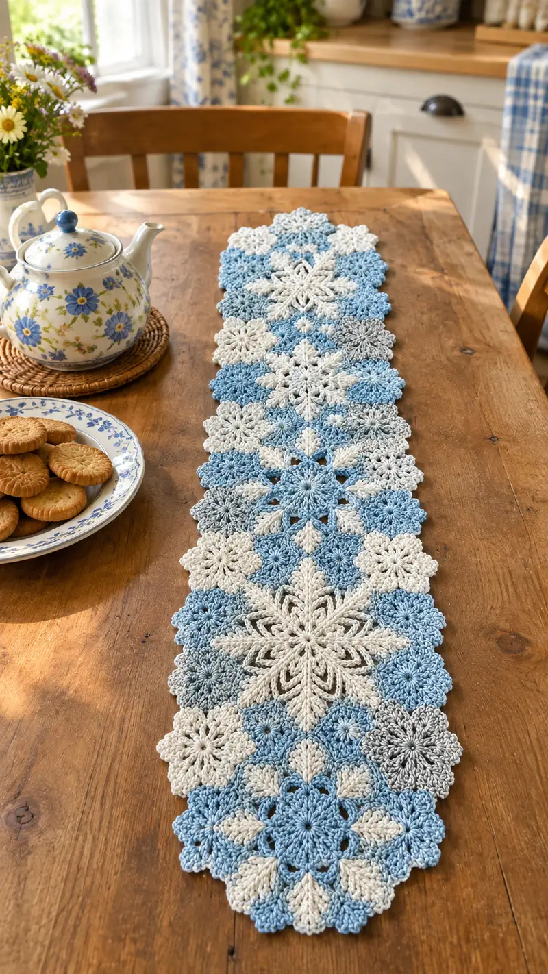 Blue Snowflake Table Runner Pattern crochet pattern - detailed view of completed project