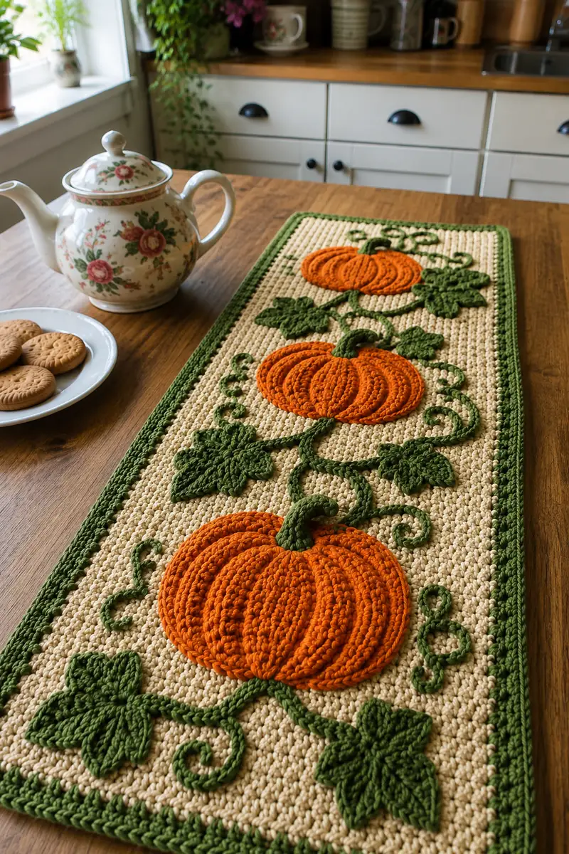 Orange Pumpkin Patch Halloween Table Runner Pattern crochet pattern - detailed view of completed project