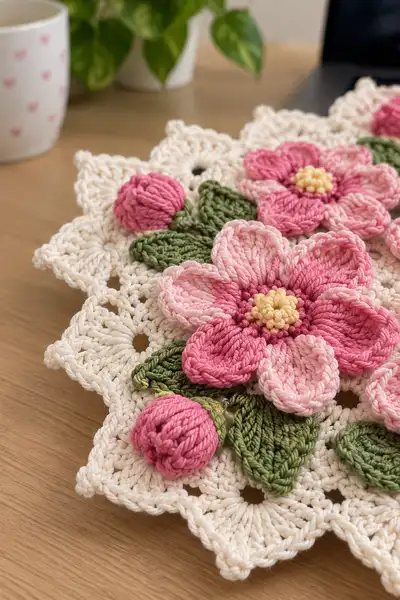 3D Floral Square Doily Pattern step 2 - assembly progress