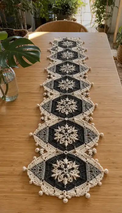 Charcoal Snowflake Hexagon Table Runner Pattern step 1 - construction progress