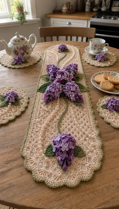 Vintage Lilac Table Runner and Coaster Set Pattern step 1 - construction progress