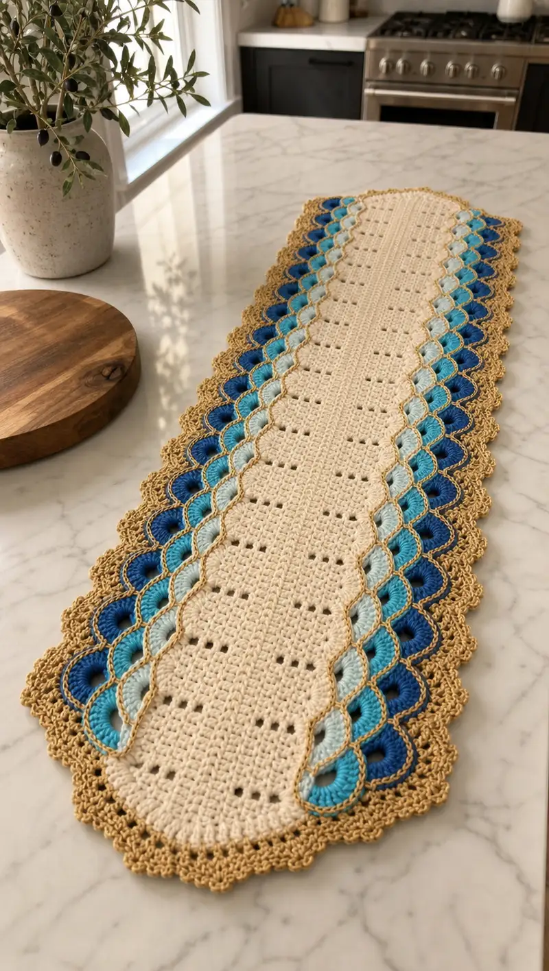 Elegant Seashell Table Runner Pattern crochet pattern - detailed view of completed project