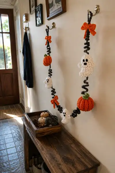 Pumpkin and Ghost Spiral Halloween Garland Pattern step 1 - construction progress