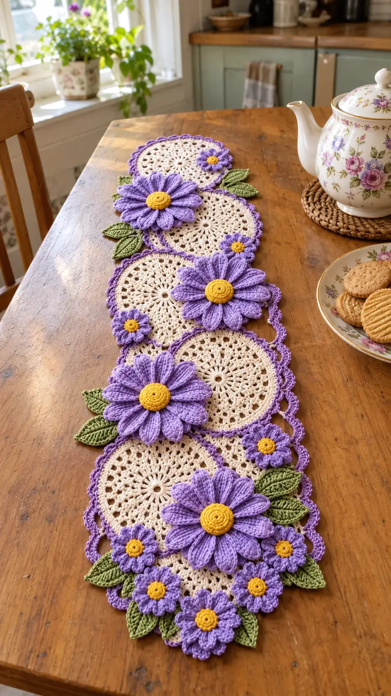 Lavender Daisy Table Runner Pattern crochet pattern - detailed view of completed project