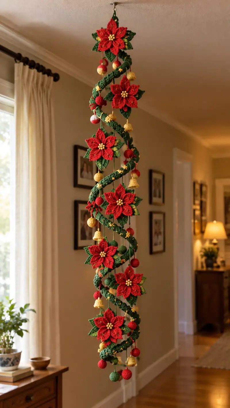 Spiral Poinsettia Hanging Garland Pattern crochet pattern - detailed view of completed project