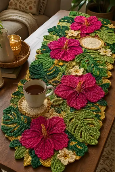 Tropical Hibiscus Crochet Table Runner Pattern step 1 - construction progress