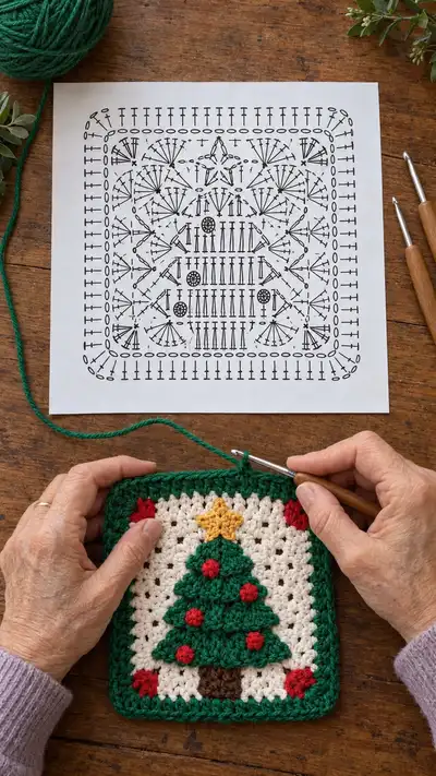Festive Christmas Tree Granny Square Pattern step 1 - construction progress
