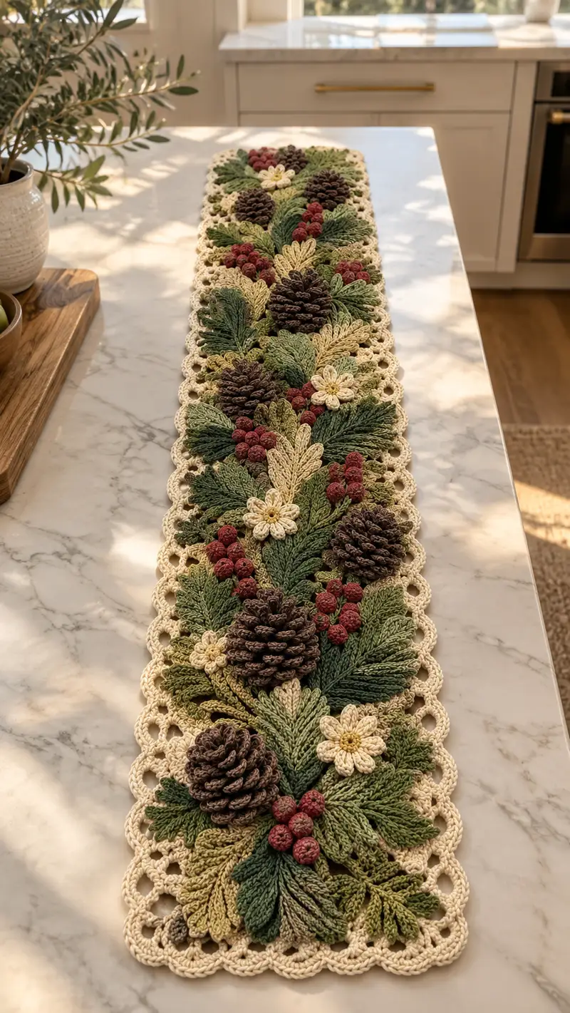 Festive Pinecone & Foliage Table Runner Pattern crochet pattern - detailed view of completed project
