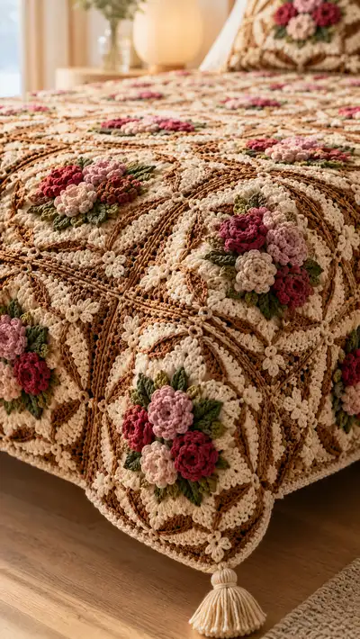 Rose Medallion Granny Square Bedspread Pattern step 2 - assembly progress