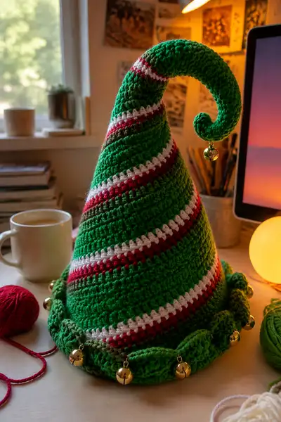 Big Green Spiral Elf Hat with Jingle Bells and Candy Stripes Pattern step 1 - construction progress
