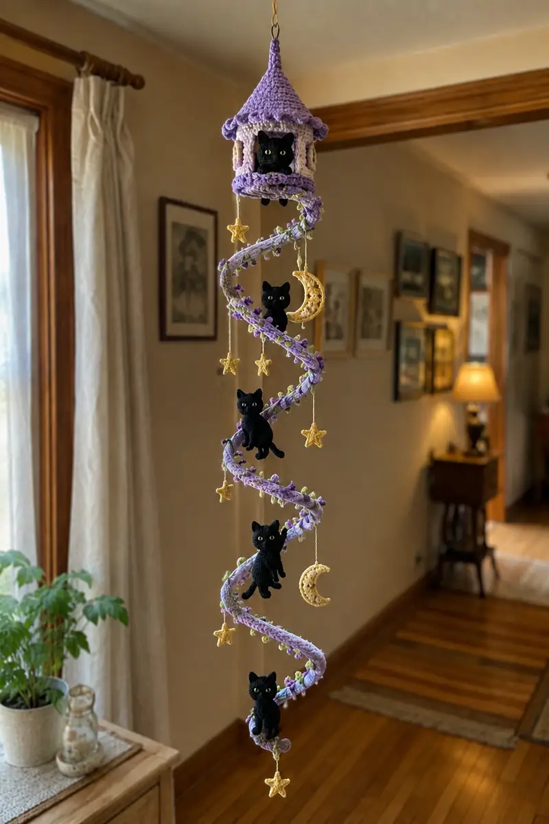 Lavender Roof Spiral Garland with Black Cats and Moon Charms Pattern crochet pattern - detailed view of completed project