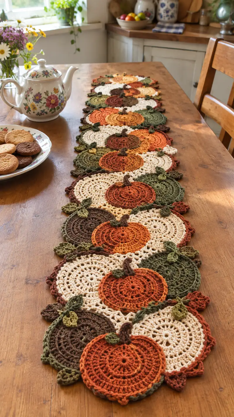 Harvest Pumpkin Table Runner Pattern crochet pattern - detailed view of completed project