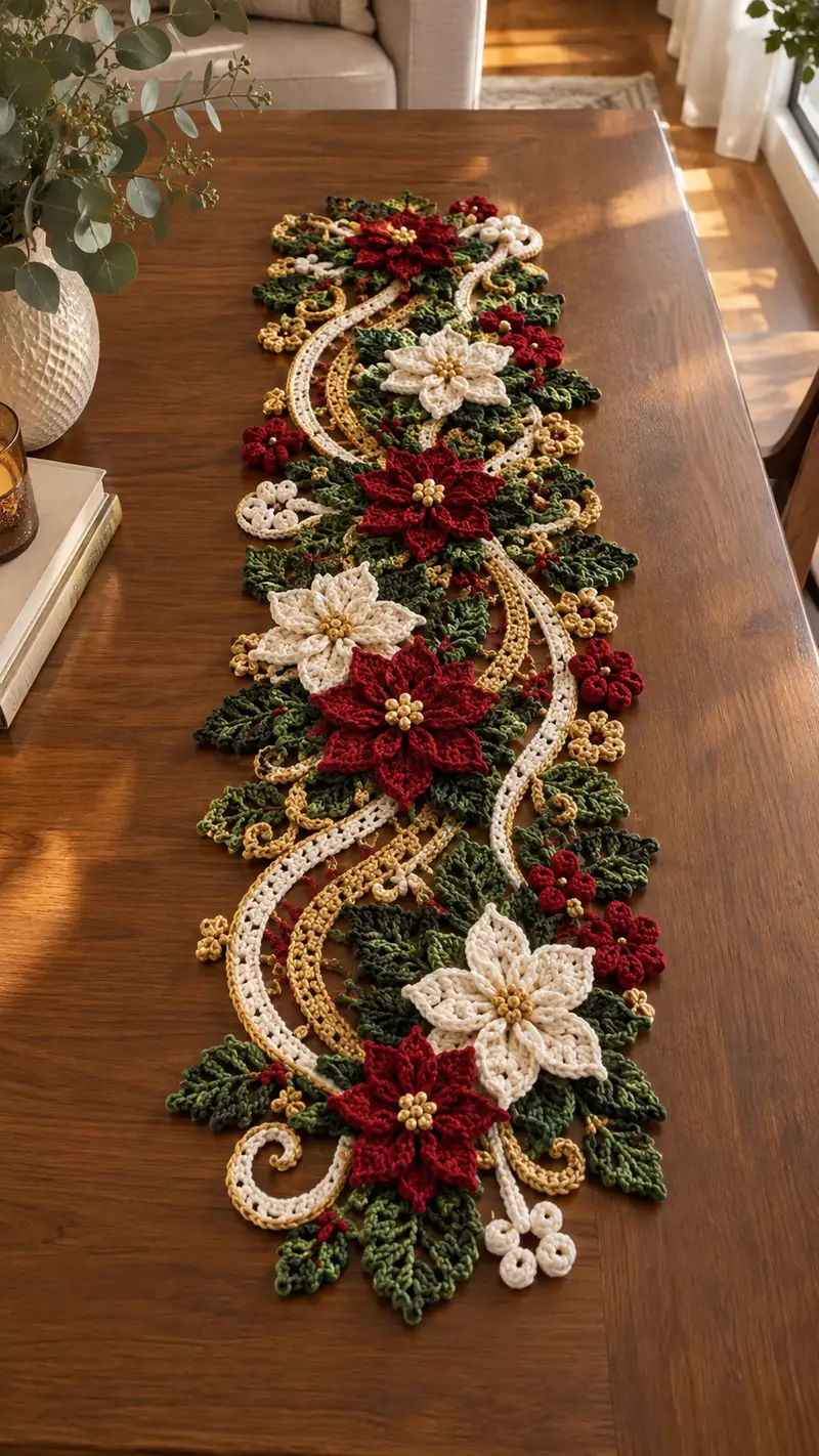 Red And Cream Poinsettia Lace Table Runner Pattern crochet pattern - detailed view of completed project