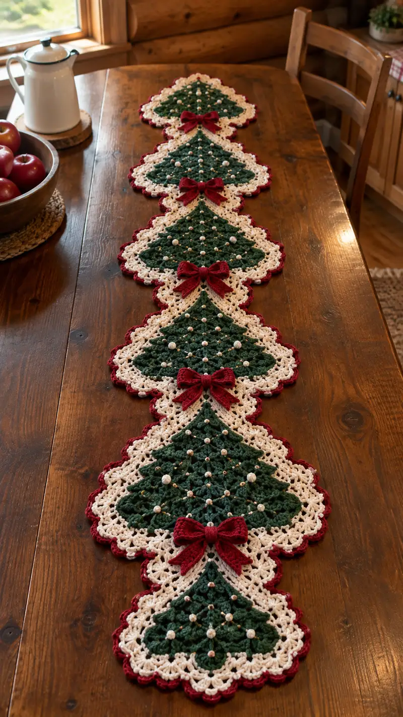 Green Cream And Red Christmas Tree Table Runner Pattern crochet pattern - detailed view of completed project