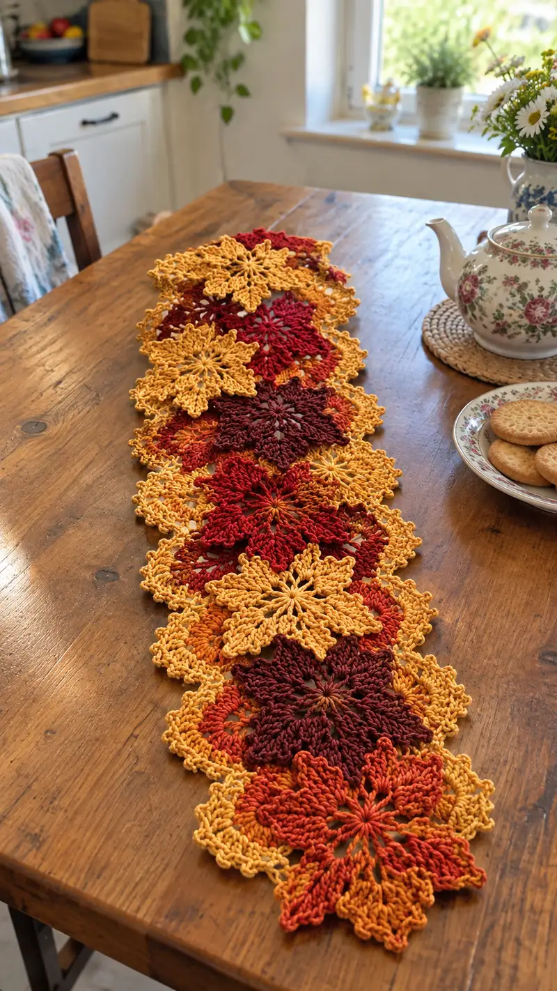 Autumn Daisy Mandala Table Runner Pattern crochet pattern - detailed view of completed project
