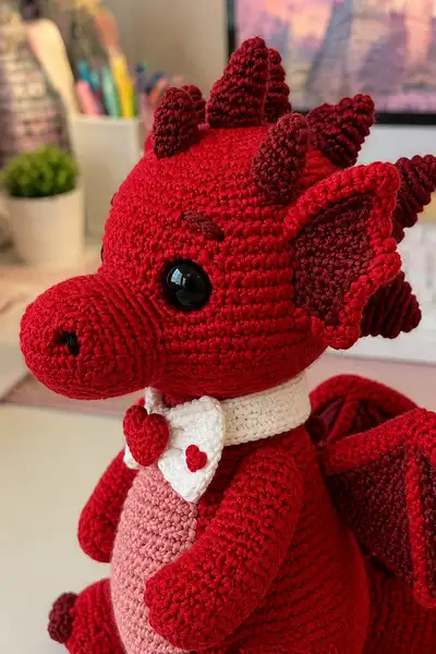 Big Ruby Love Dragon Wearing a Heart Bow Tie Amigurumi Pattern step 2 - assembly progress