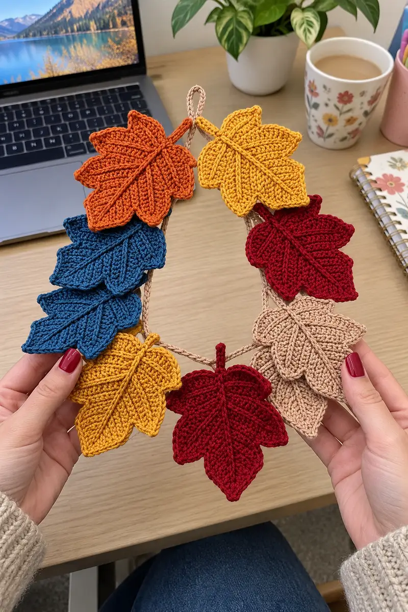 Autumn Maple Leaf Garland Pattern crochet pattern - detailed view of completed project