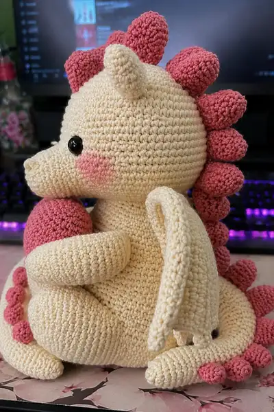 Big Soft Cream Love Dragon with Rose Pink Heart Spikes Amigurumi Pattern step 2 - assembly progress