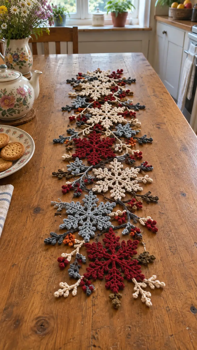 Winter Snowflake Table Runner Pattern crochet pattern - detailed view of completed project