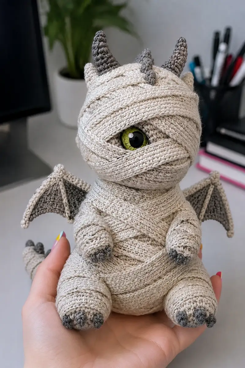 Big Mummy Dragon Wrapped in Bandages Amigurumi Pattern crochet pattern - detailed view of completed project
