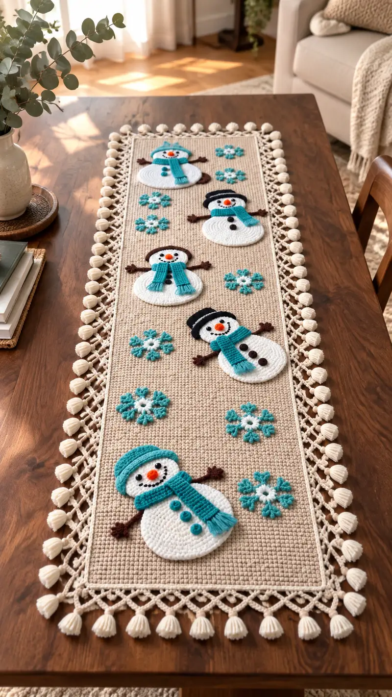 Festive Snowman Table Runner Pattern crochet pattern - detailed view of completed project