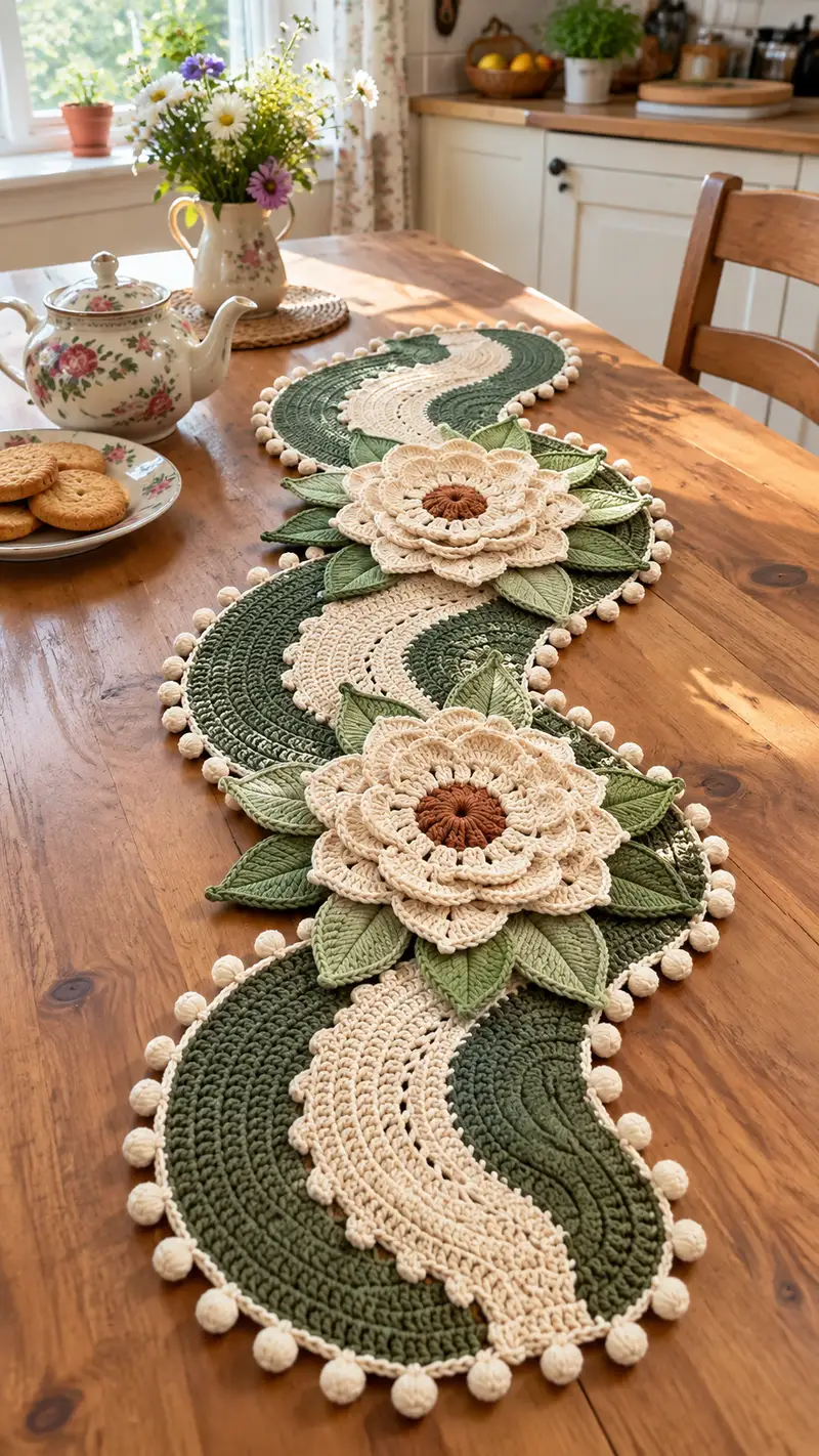 Botanical Wave Table Runner Pattern crochet pattern - detailed view of completed project