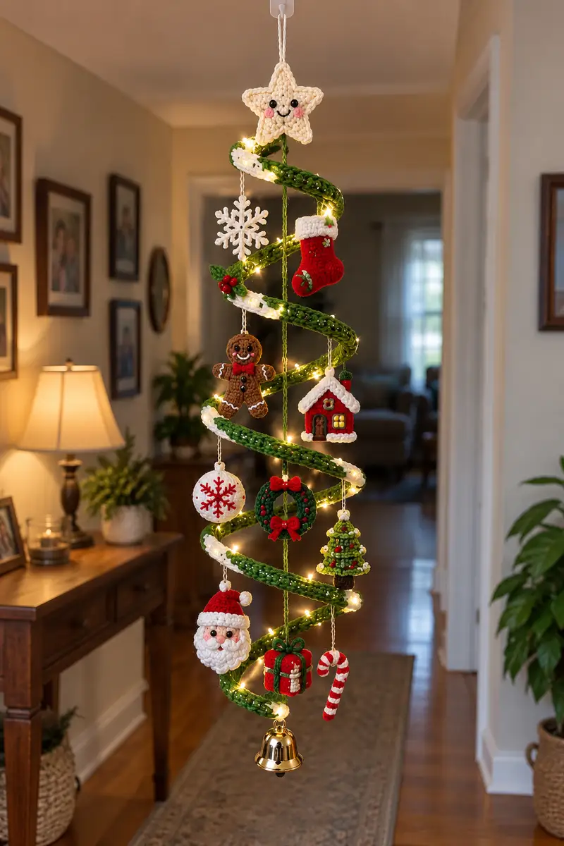 Spiral Christmas Garland with Hanging Ornaments Pattern crochet pattern - detailed view of completed project