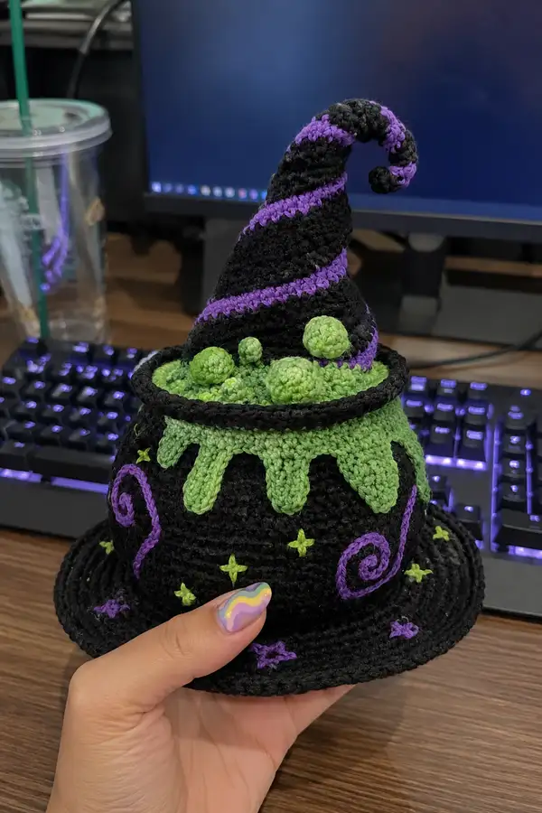 Magic Bubbling Spiral Cauldron Witch Hat Amigurumi Pattern