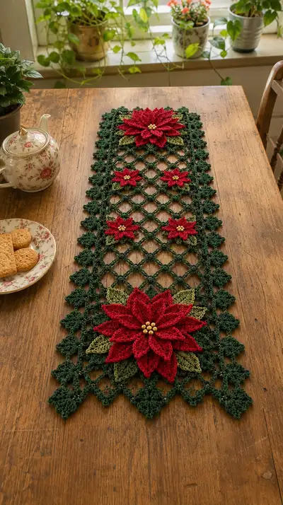 Elegant Poinsettia Table Runner Pattern step 1 - construction progress