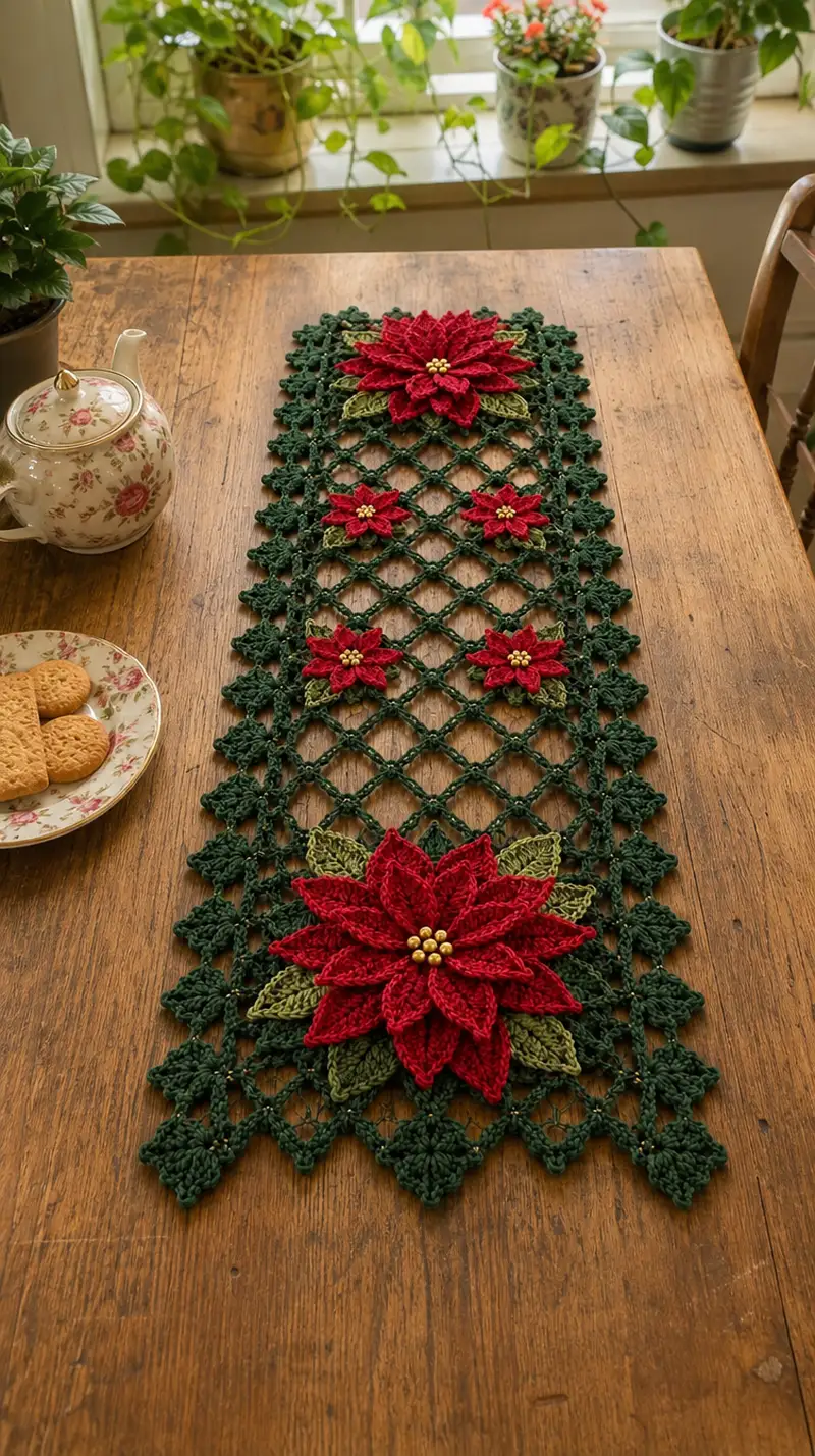 Elegant Poinsettia Table Runner Pattern crochet pattern - detailed view of completed project
