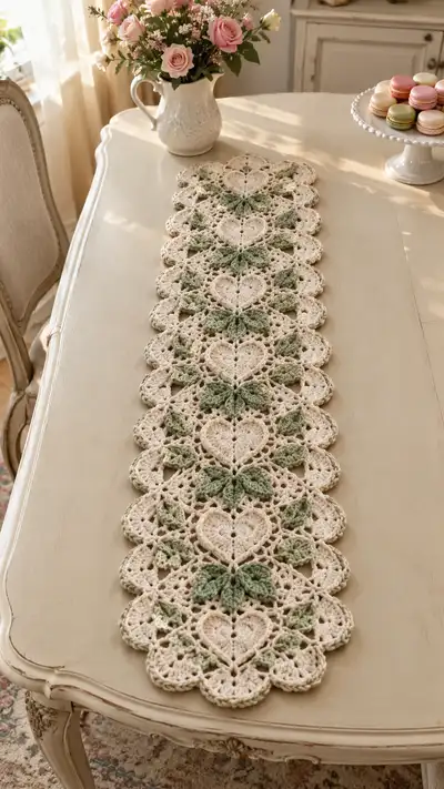 Cream And Sage Heart Motif Table Runner Pattern step 1 - construction progress