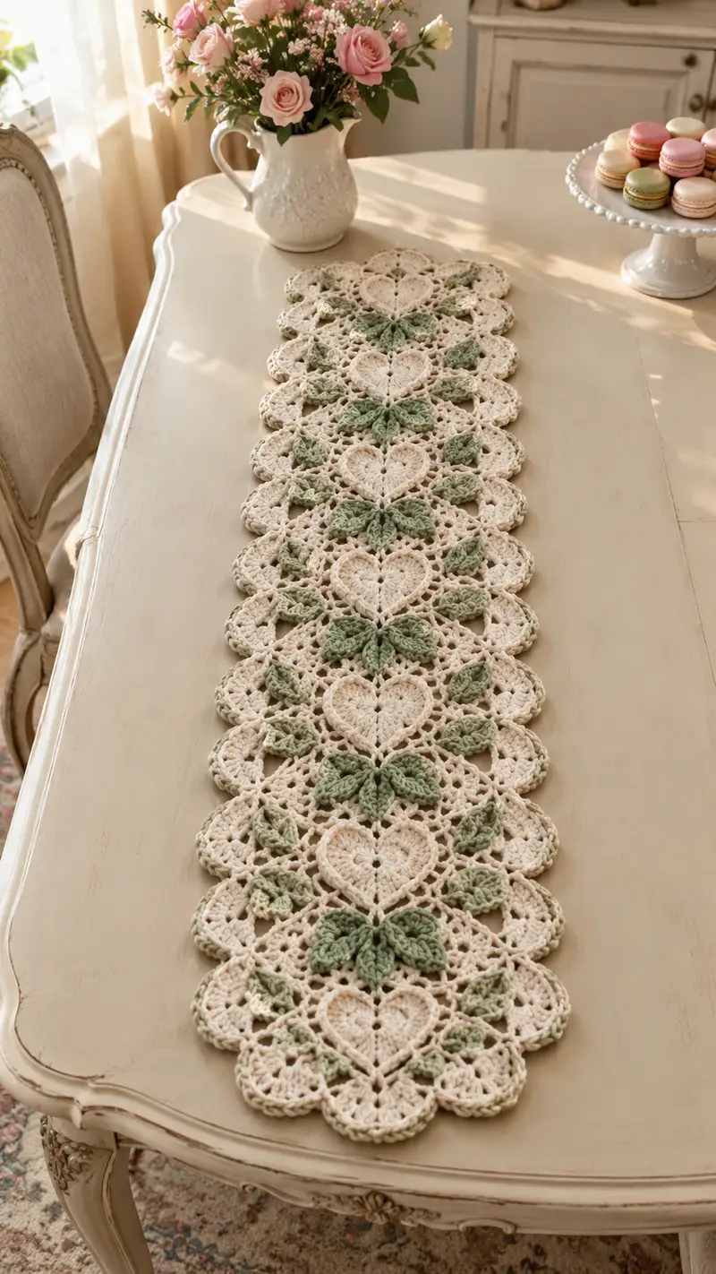 Cream And Sage Heart Motif Table Runner Pattern crochet pattern - detailed view of completed project