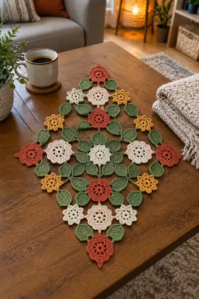 Diamond Shaped Lace Flower Crochet Table Runner Pattern step 1 - construction progress