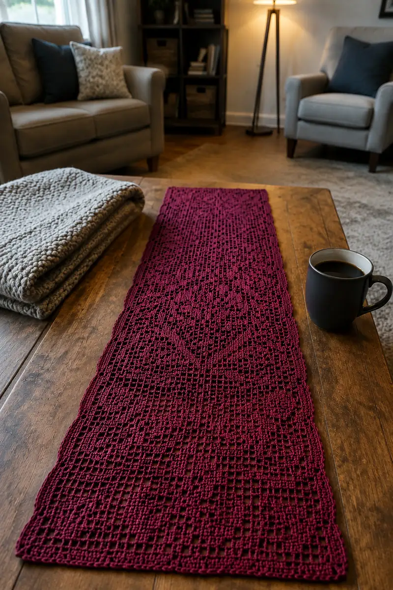 Royal Damask Filet Crochet Table Runner Pattern crochet pattern - detailed view of completed project