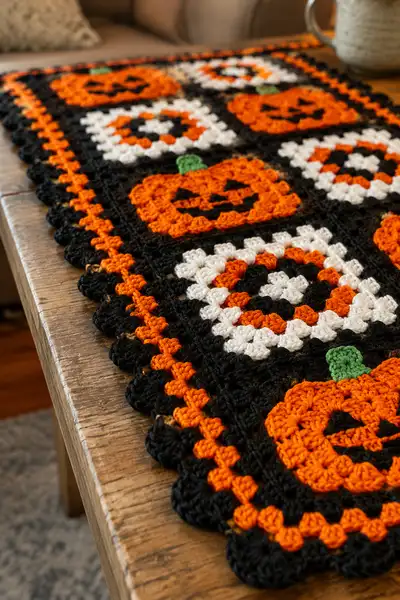 Halloween Granny Square Table Runner Pattern step 2 - assembly progress